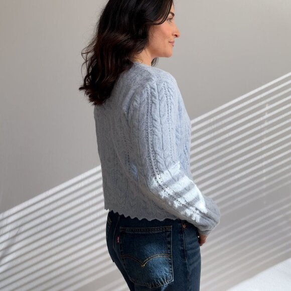 Women’s Light Blue Scalloped Cable Knit Cardigan - Picture 8 of 11